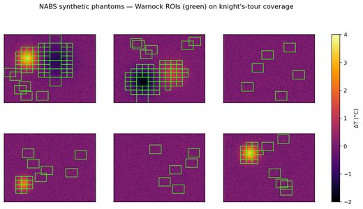 Six synthetic thermal phantoms with green Warnock ROI boxes over knight's-tour coverage